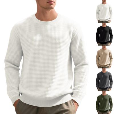 Men's Autumn and Winter Checkered Jacquard Solid Color Long Sleeved Round Neck Sportswear, with Ribbed Collar and Cuffs That Do Not Deform