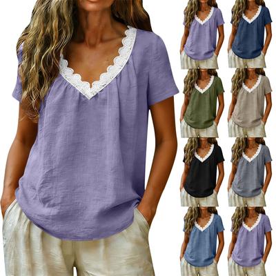 Women's  Casual  Summer V Neck Linen Top Lightweight Loose Short Sleeve Blouse