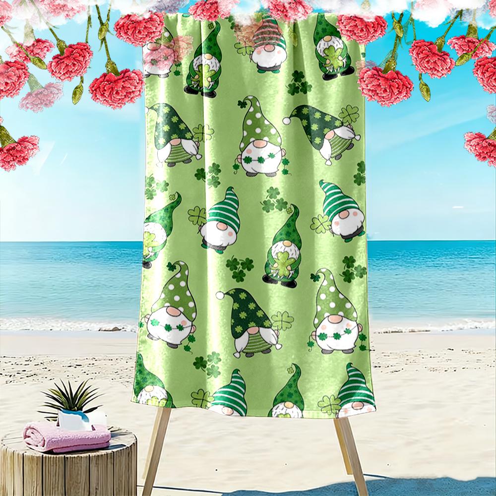 Gnome and Clover Pattern Green Towel Beach towel quick-drying for travel outdoor sports jogging beach and swimming