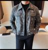 Autumn new trendy brand locomotive flower men's PU leather jacket jacket zipper lapel top pocket zipper