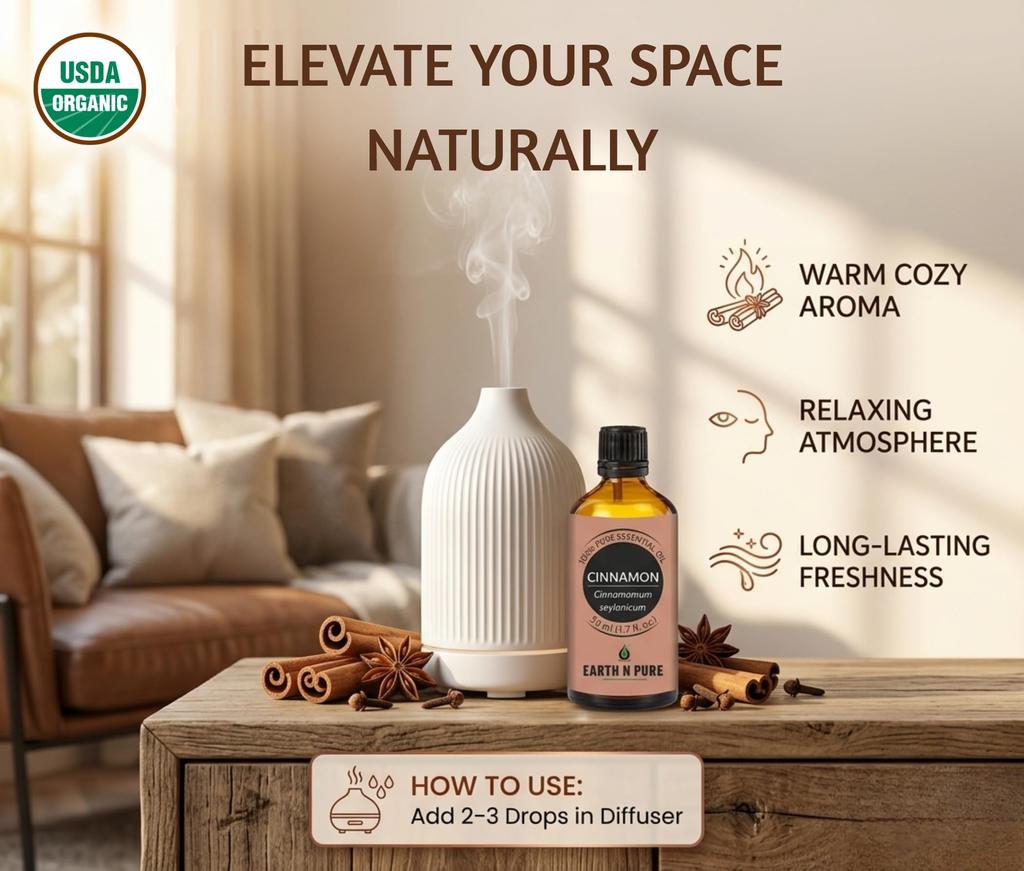 Earth N Pure Cinnamon Essential Oil | 100% Pure & Undiluted | Steam Distilled | Warm Ambiance, Muscle Comfort & Focus | 50ml