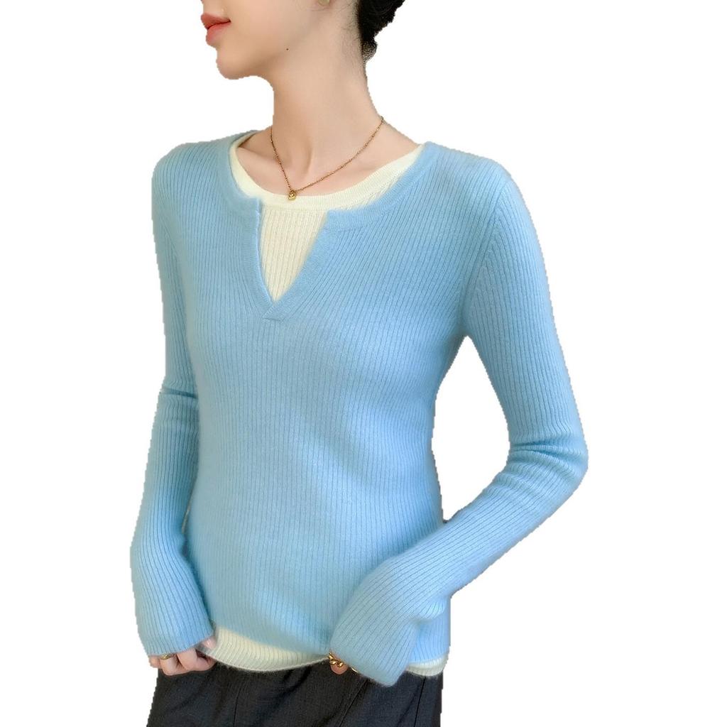 Double-Layer Striped Cashmere Knit Sweater with Mixed Neckline for Ladies