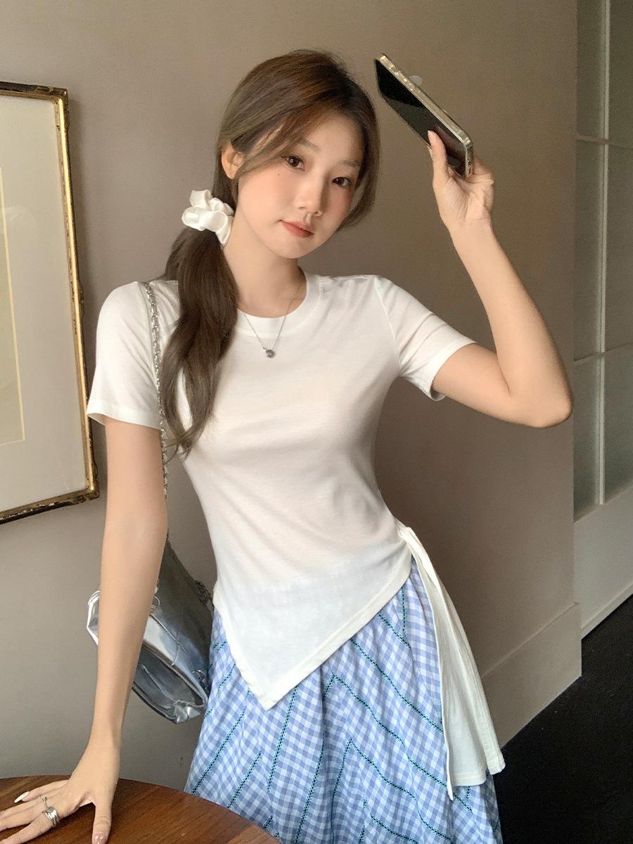 

Korean design sense irregular hem strap-up front shoulder crew neck short-sleeved t-shirt women s summer new small top XL білий
