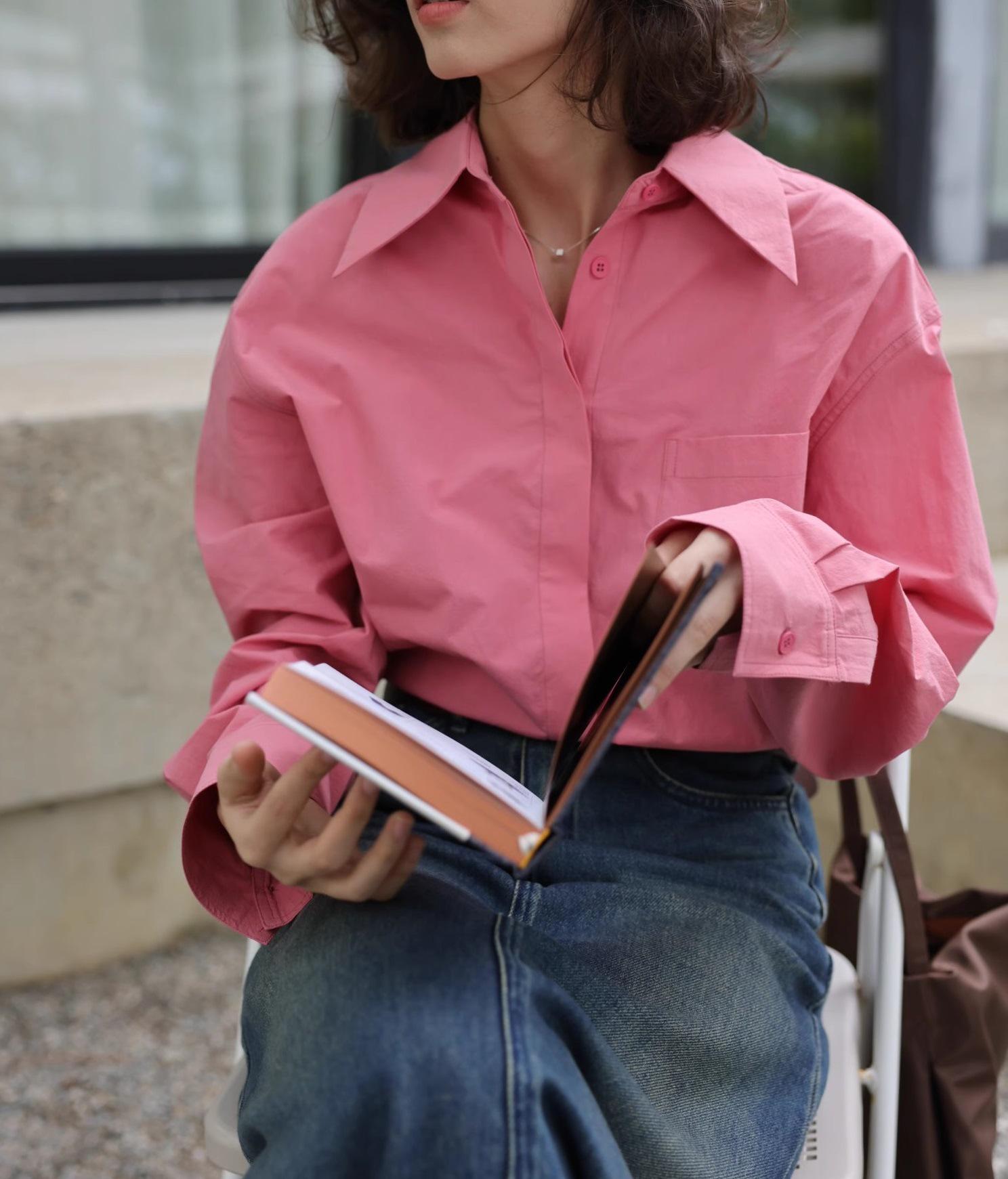 

Женская блузка голубого цвета с длинным рукавом в стиле бойфренда - Весенне-осенний топ для многослойности XL розовый