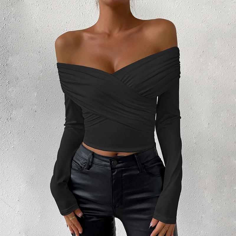 Damska seksowna bluzka z głębokim dekoltem w serek, długimi rękawami, plisami i odkrytymi ramionami