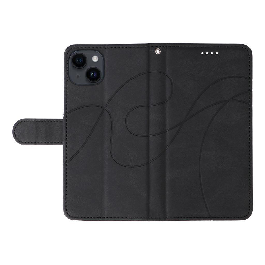 For iPhone 15 Wallet Case Leather Phone Cover Stand with Curved Line Design