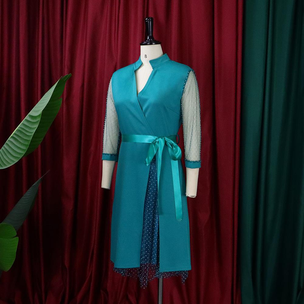 Large Size Women's Fashion Spring Autumn V Neck Mesh Dress Ladies One Piece Polka Dot Slit Dress