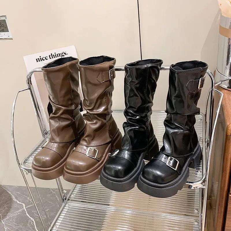 American retro sponge cake Maillard boots fashionable brown versatile thick sole height increasing women's 2025 spring new item