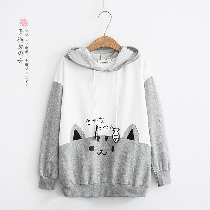 2025 Japanese Style Mori Girl Autumn New Style Cute Cat Patchwork Hooded Casual Long Sleeve Sweatshirt for Student Girls