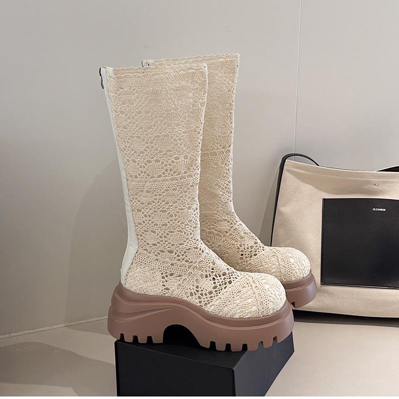 

Модная сетчатая ткань женские ботфорты до колена на платформе с толстой подошвой, ажурные, дышащие, длинные ботильоны, обувь для танцев, вечеринок, выпускного вечера 35 бежевый