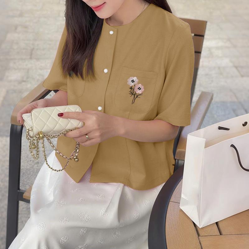 

ZANZEA Women Floral Embroidery Casual Round Neck Short Sleeve Blouse 5XL хаки