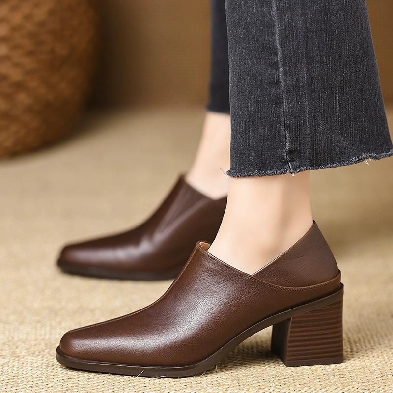 French retro square head deep mouth single shoes thick sole waterproof table fashion leather shoes casual versatile elegant temperament high heels