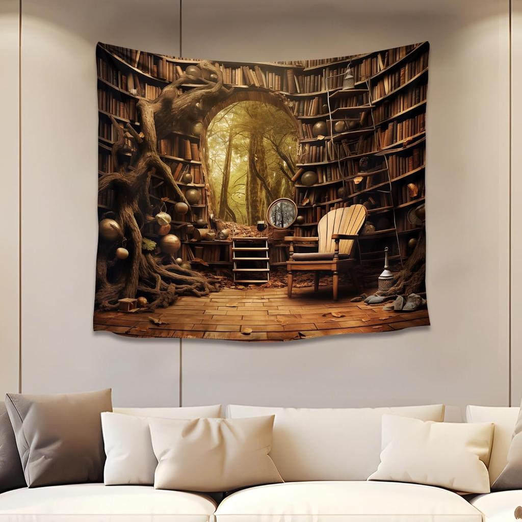 Bookshelf Tapestry Fairy Tale Forest Academic Tapestry Wall Hanging Fantasy Witch Backdrop for Bedroom Living Room Decor