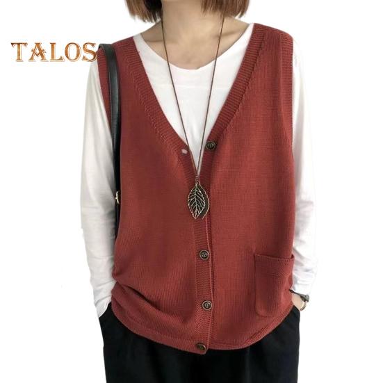 Damska kamizelka dziewiarska z dekoltem w serek, bez rękawów, jednorzędowa, ciepła, jednokolorowa, luźna, dzianinowa, bezrękawnik z kieszeniami