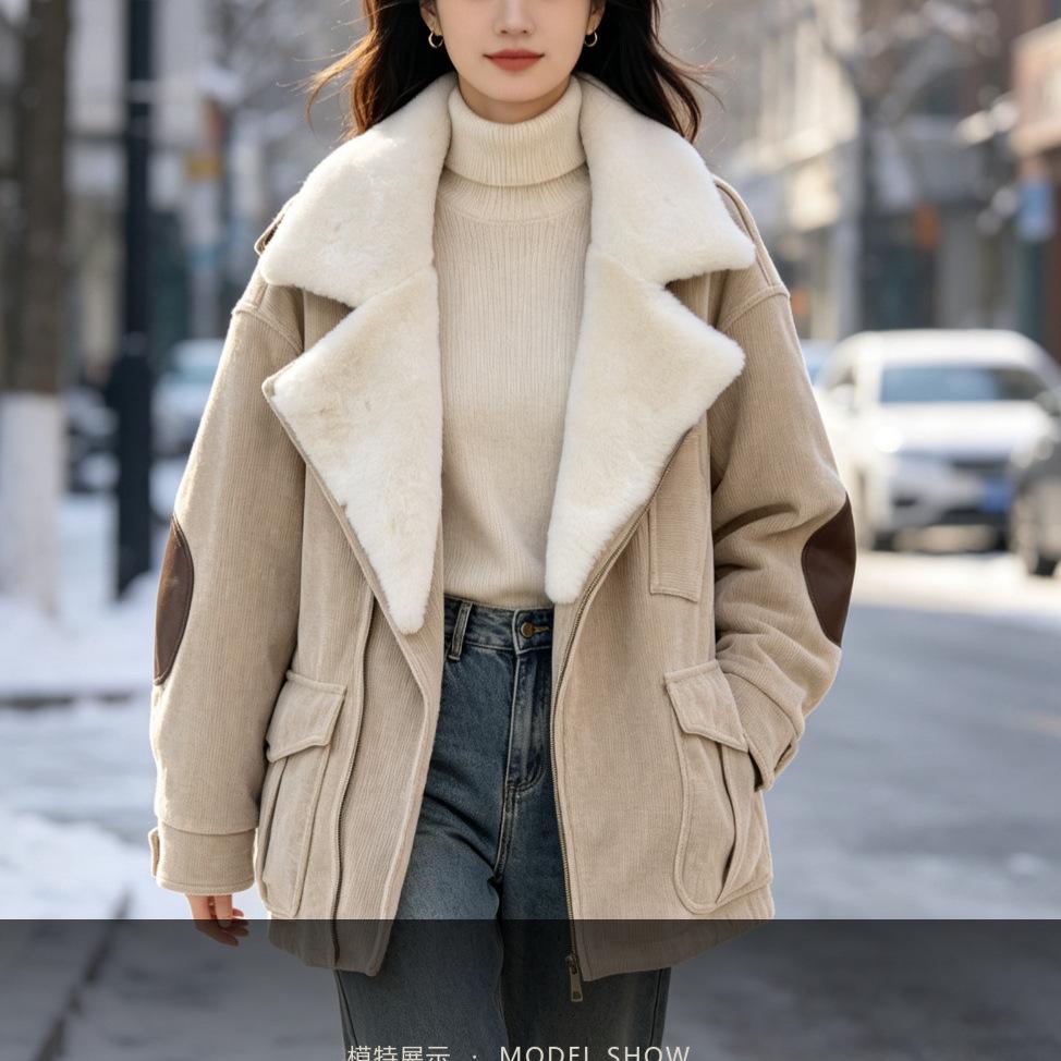 New merino wool collar down jacket women's winter goose down suit collar retro contrasting leather jacket