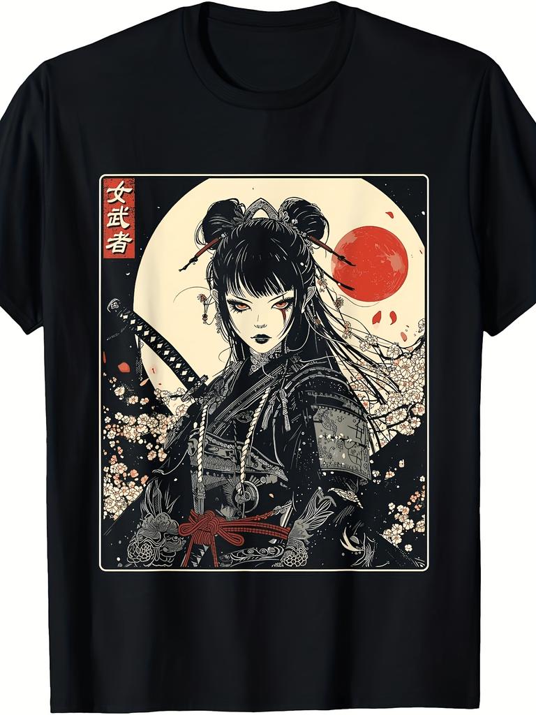2025 Summer Short Sleeved Printed T Shirt Featuring a Japanese Gothic Samurai Woman with a Katana Sword Available in Styles for Both Men Valentine's D