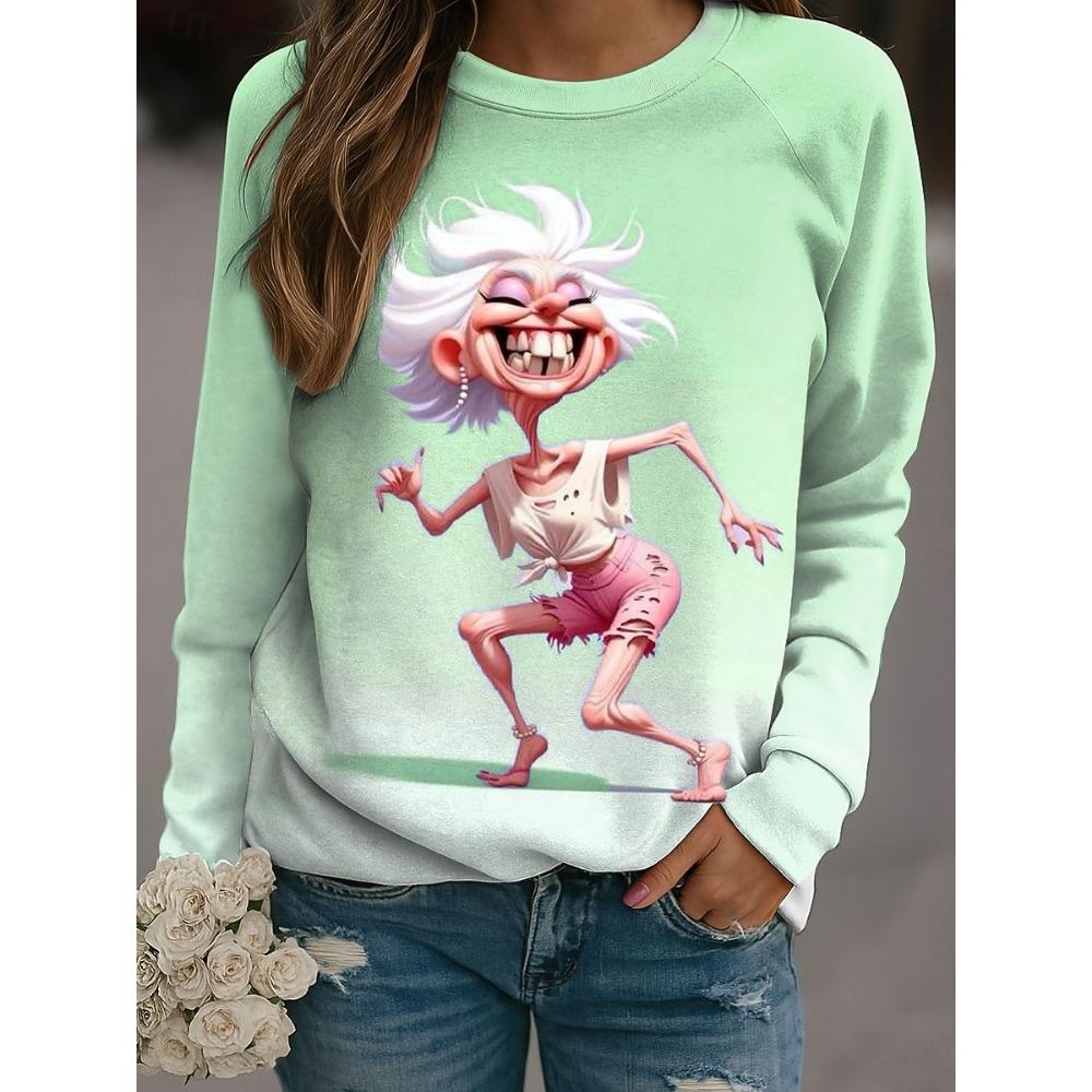 Fall Winter Pullover Women's Funny Old Lady Sweatshirt Trendy 3D Print O-Neck Long Sleeve Tops  Women's Apparel Streetwear
