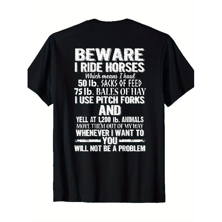 Funny Horse Rider Saying T-Shirt - Beware I Ride Horses - Heavyweight 25.85-90.72 KG Joke - Cotton Casual Tee for Equestrian Gifts, Horse Lovers, S чёрный