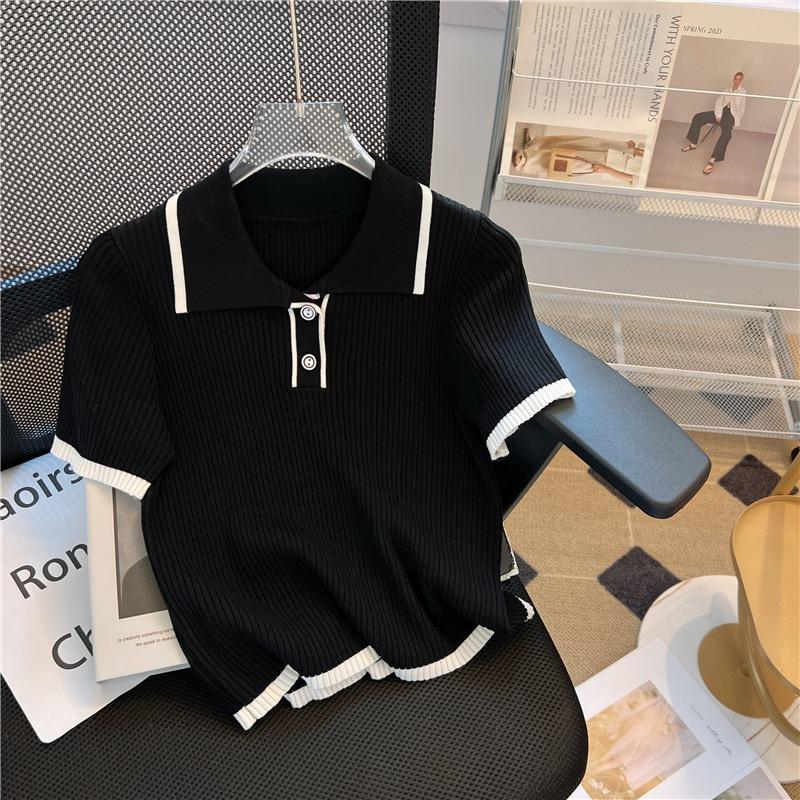 New Knitted Short Sleeve Women Blouse Summer Lapel Loose Slim Fit Ice Silk Shirt Pullover Sweater Casual Simple Sweet Tops Elegant Fashion Clothing