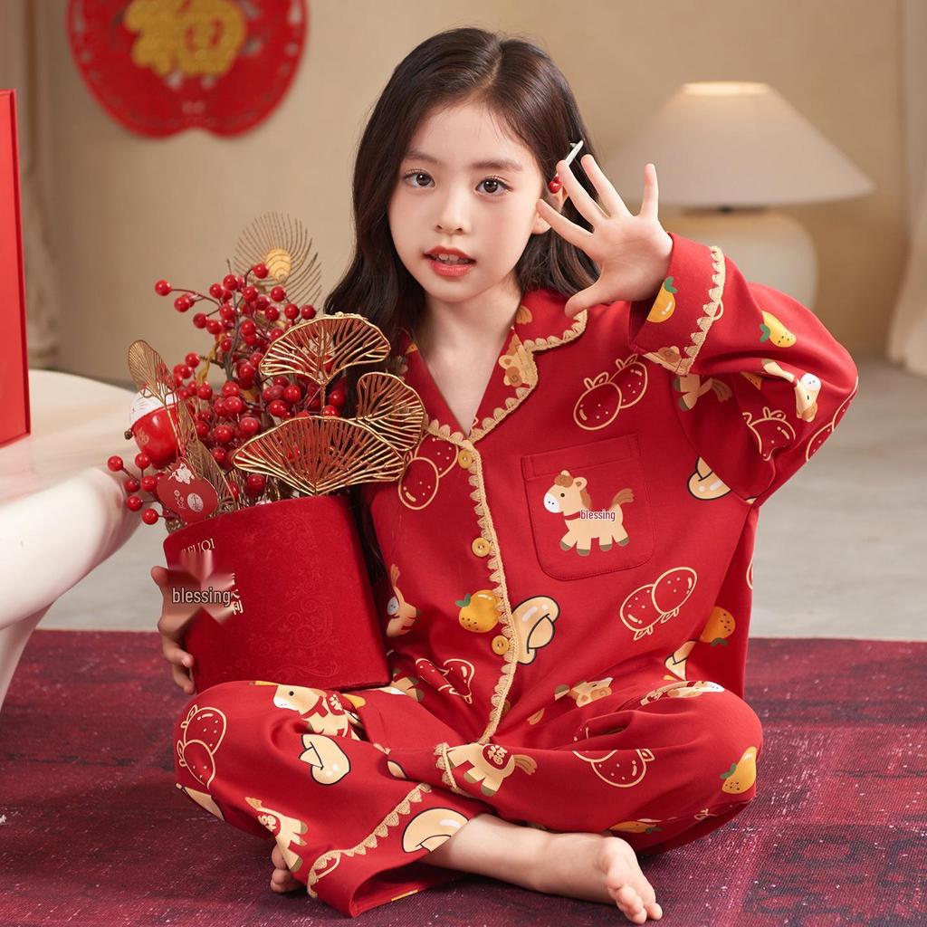 2026 Year of the Rooster Red Girls' Korean Style Cotton Pajamas - Parent-Child Long Sleeve Winter Homewear