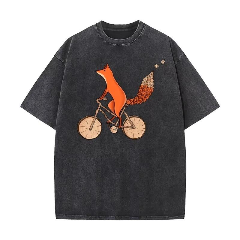 Riding Fox Printed Outdoor Fathers Day High Quality Cotton Round Neck Tshirt Short Sleeve Washed Top Shirt Womens Tshirt