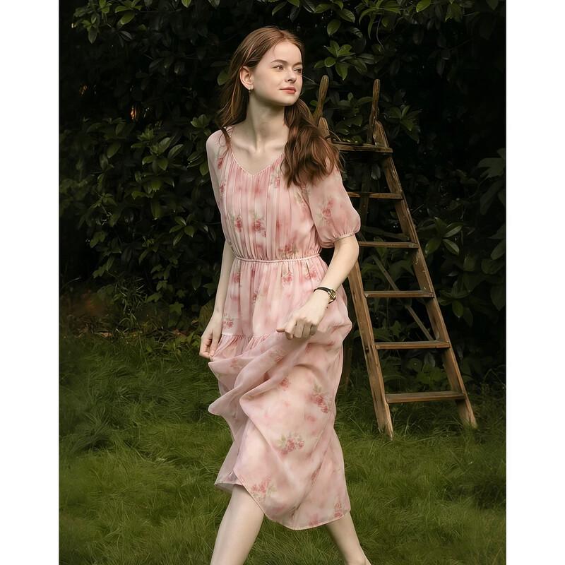 Demana Women s V-Neck Floral Chiffon A-Line Midi Dress S