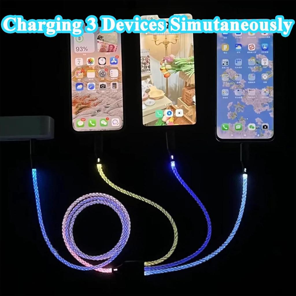 66W three in one LED charging cable RGB mobile LED fast charging cable/C-type/Micro USB cable suitable for mobile phonesSamsung,Huawei, Android, Sony