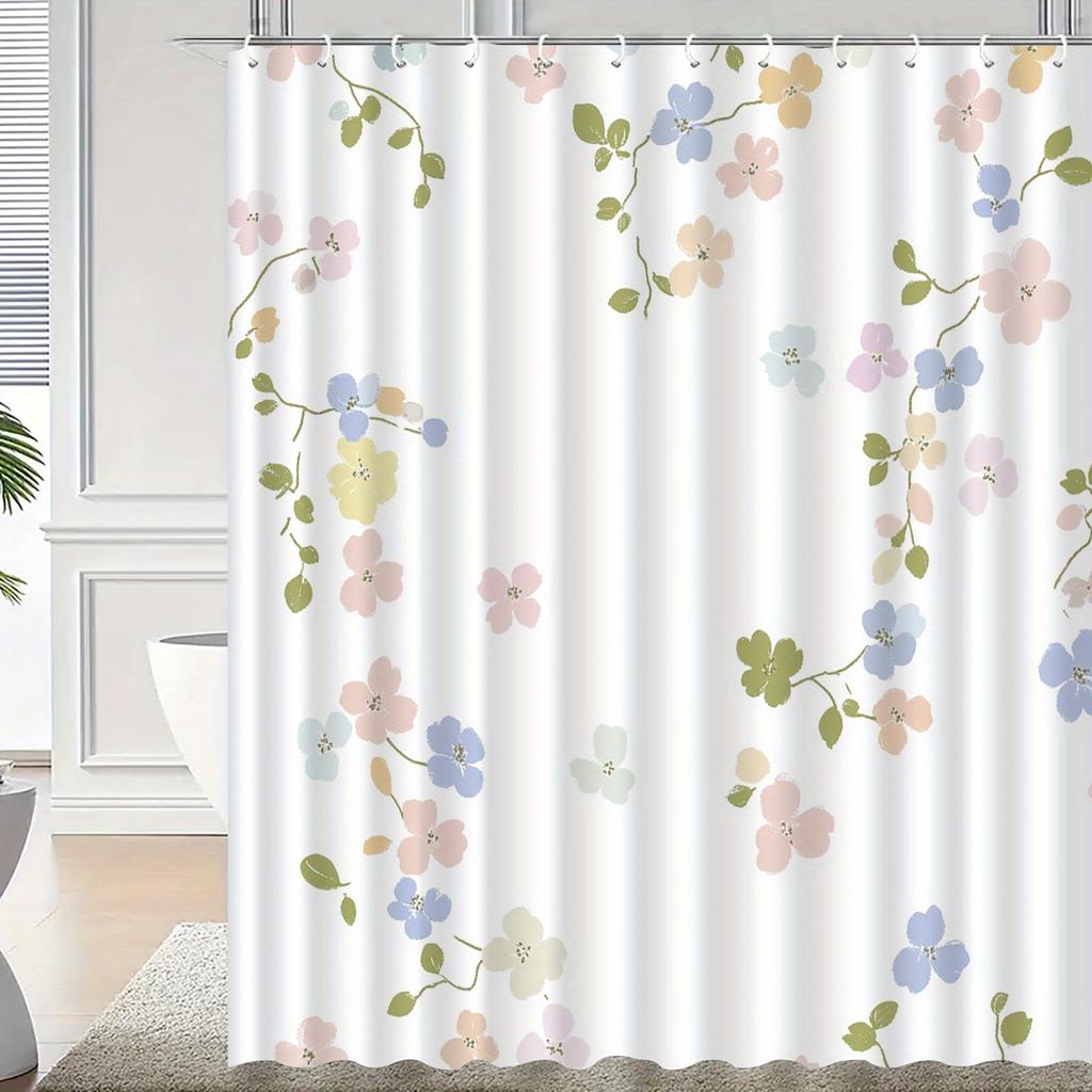 Floral Pattern Shower Curtain - Polyester Woven, Machine Washable, Includes 12 Hooks, All-Season Home Decor, Bathroom Partition