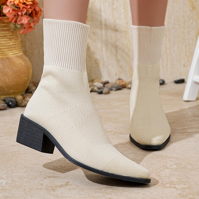 Sexy Pointed Toe Thick High Heel Sock Boots Women  Winter Colorful Elastic Knitted Designer Ankle Boots Woman Short Booties