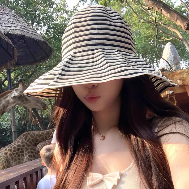 2026 Summer Versatile Foldable Color-Blocked Striped Wide-Brimmed Sun Hat For Beach Vacations And Sun Protection