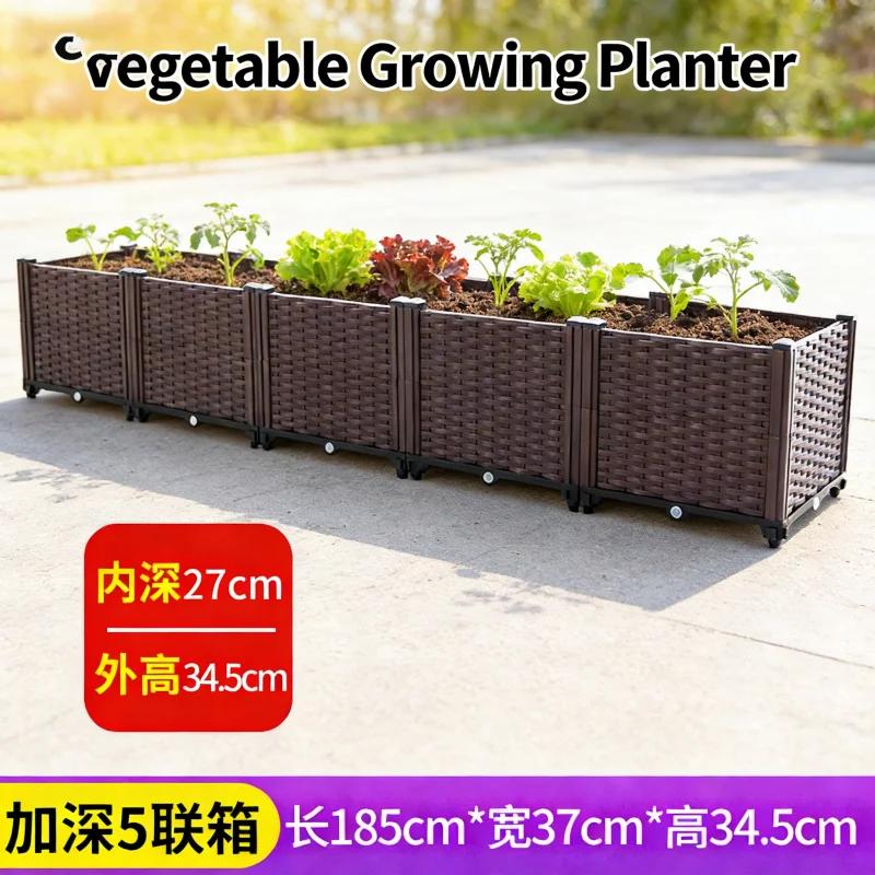 Large Deep 5-Cell Planter Box 185x37x34 Cm Outdoor Vegetable Garden Bed Thick Plastic Raised Container for Balcony Patio