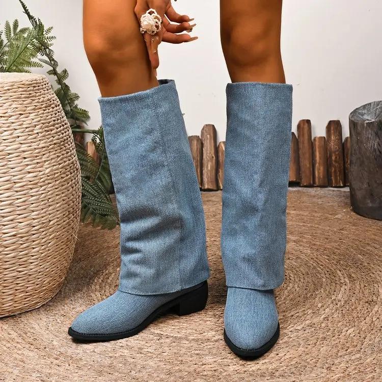 Fashion Vintage Denim Wandering Boots Women 2025 Autumn Pointed Toe Medium Heel Slip On Knee Boots Sexy Designer Women's Shoes