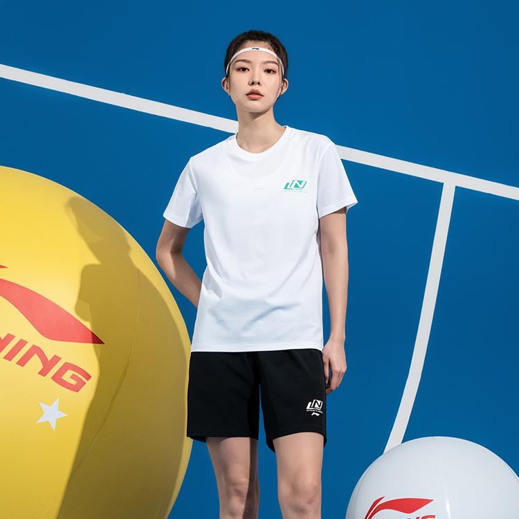 Li-Ning Creative Logo Solid Color Breathable Cool Short Sleeve T-Shirt Loose Fit Casual Sports Set Unisex Tops, Bottoms ATSV607-2+AKSV675-1