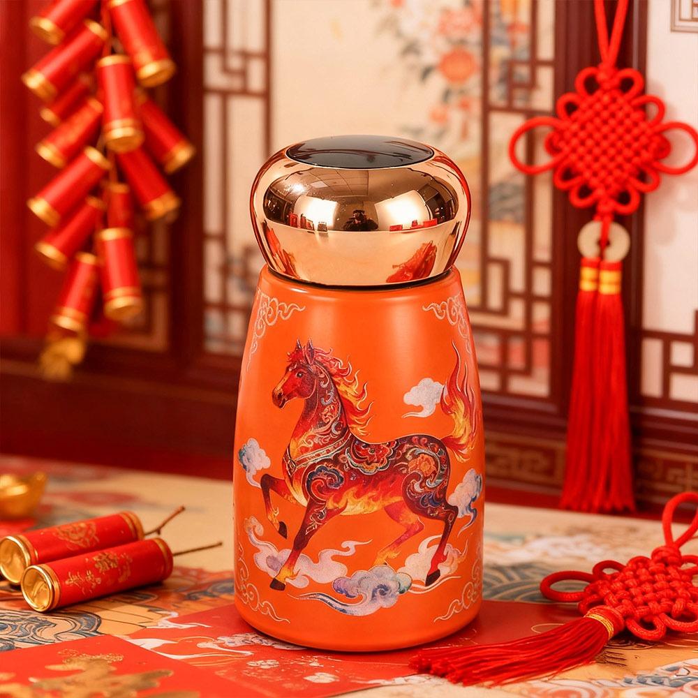 304 Stainless Steel Horse Year Insulated Cup 230ml Leak-Proof Coffee Mug Chinese Style Temperature Display Thermal Water Bottle