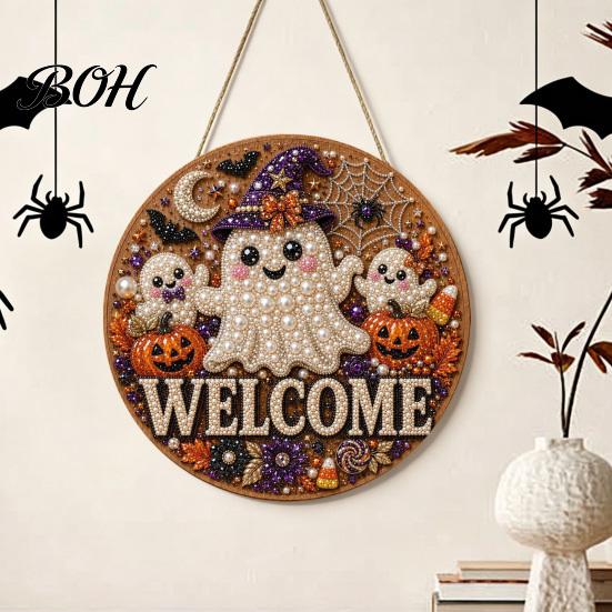 Beginner Friendly Door Sign Kit Halloween Faux Pearl Kit, Ghost Skull Skeleton Cat Welcome Decorative Painting Crafts Handmade Arts for Wall