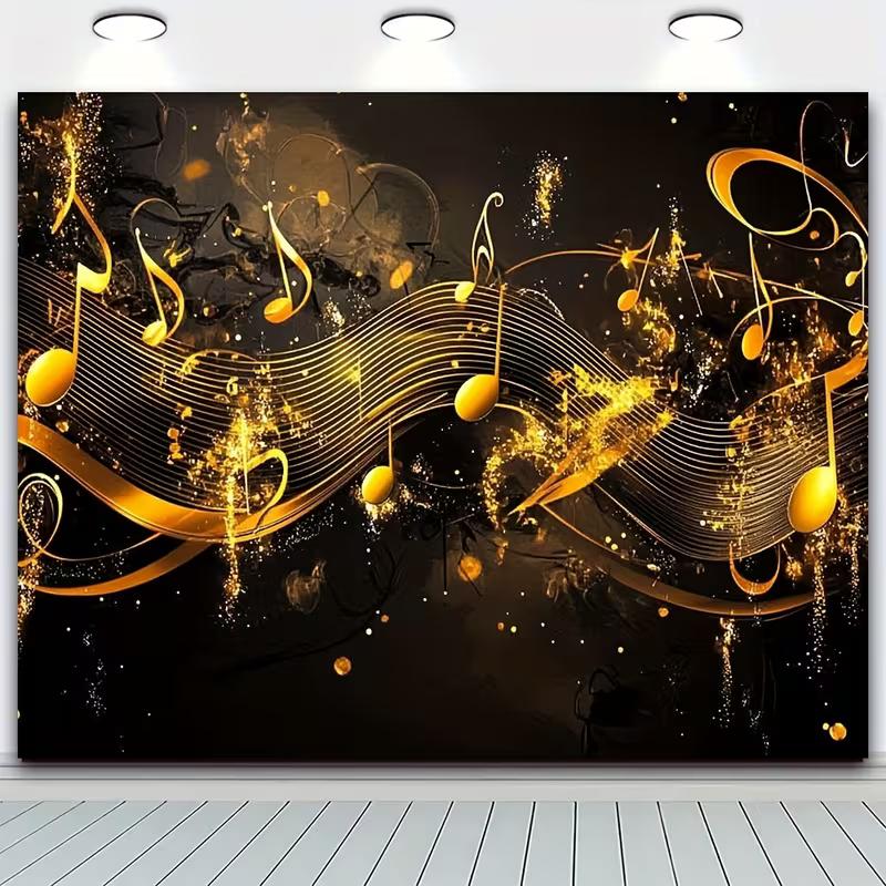 2D Luxury Music Art Backdrop, Black and Gold Notes with Sparkles for Wall Decor