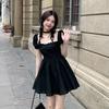 French Design Back Halter Bow Small Black Dress Women's Summer Square Neck Bubble Sleeve Waist Fluffy Dress