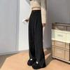 Women's Beige High-Waisted Wide-Leg Knitted Slim-Fit Trousers for Spring and Autumn, Fleece-Lined for Winter