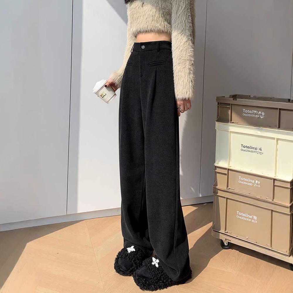 Women's Beige High-Waisted Wide-Leg Knitted Slim-Fit Trousers for Spring and Autumn, Fleece-Lined for Winter