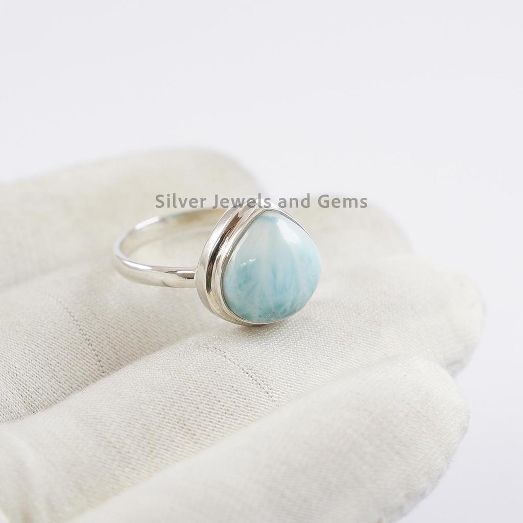Natural Larimar Ring, 925 Sterling Silver Handmade Ring, Pear Shape Gemstone Ring, Blue Stone Ring, Promise Ring