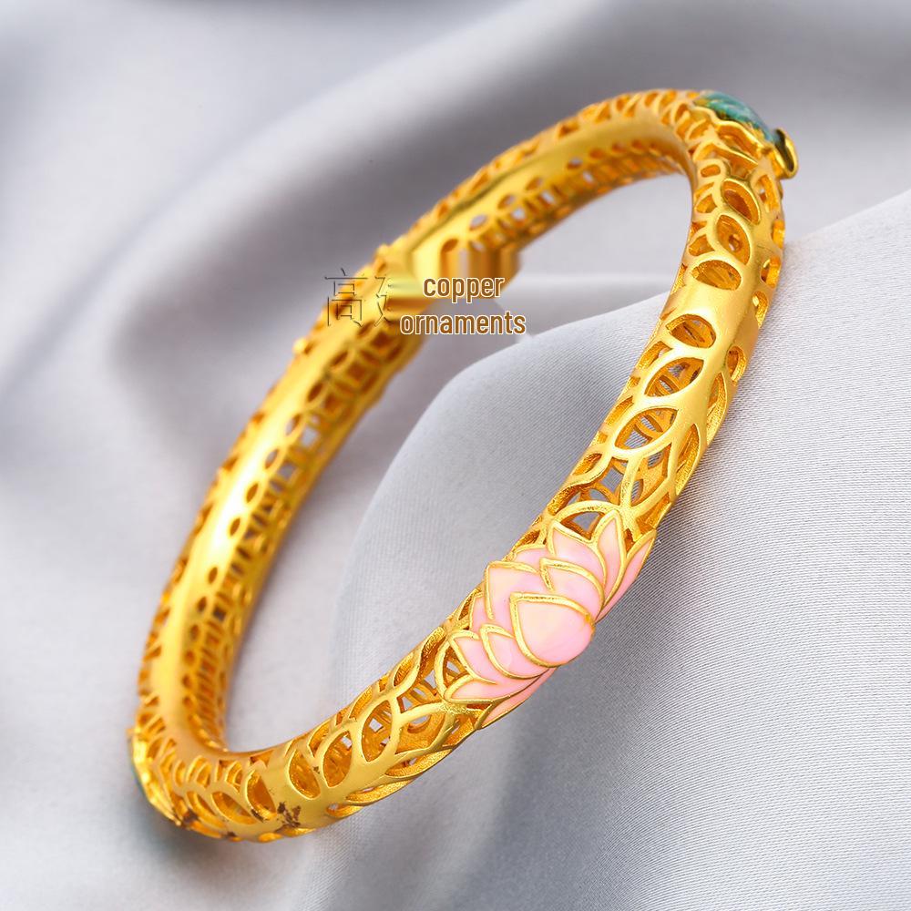 Vietnamese Sand Gold Enamel Lotus Bracelet – Brass, Gold-Plated, Hollow Design with Painted Lotus Leaf & Flower, Women's National Trend Style.