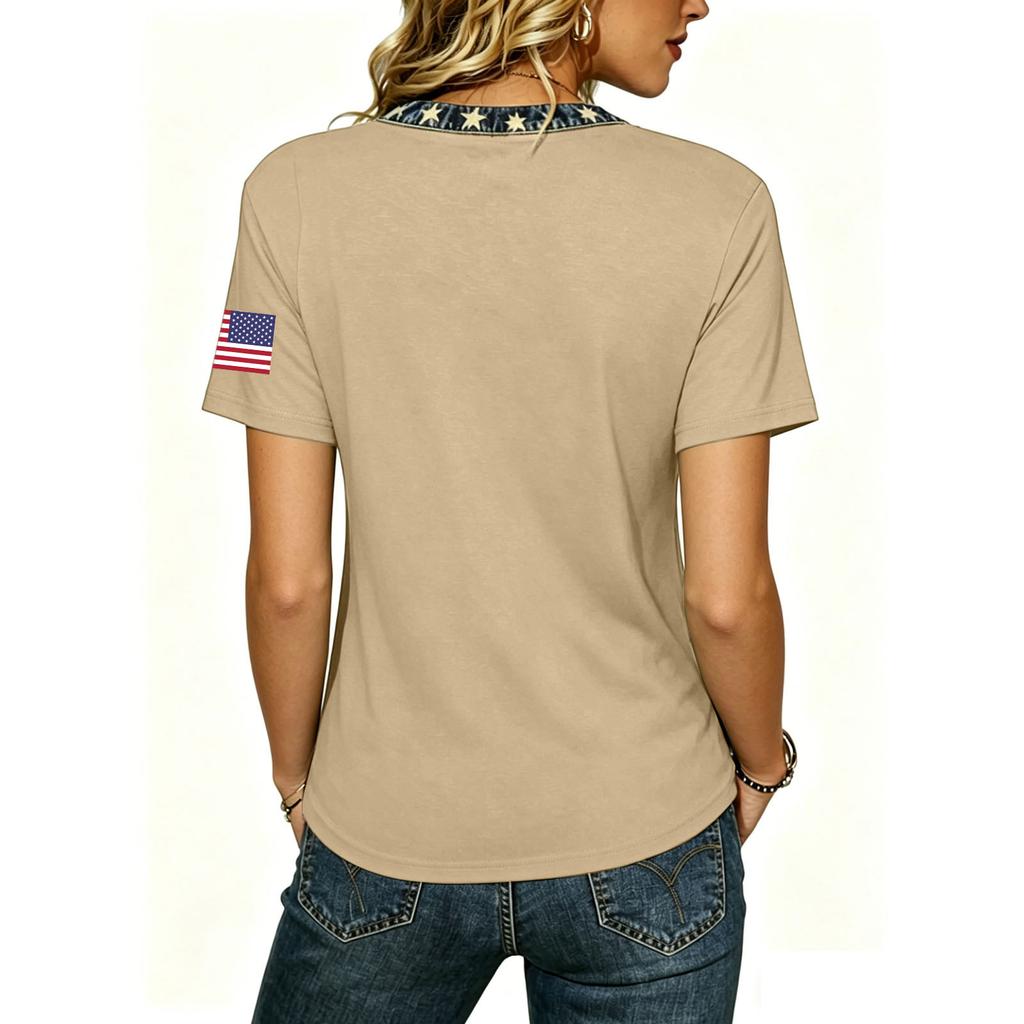 Women's Casual V Neck Short Sleeve Pullover T Shirt Top American Flag Print 250th Anniversary Graphic Tee Lightweight Comfortable