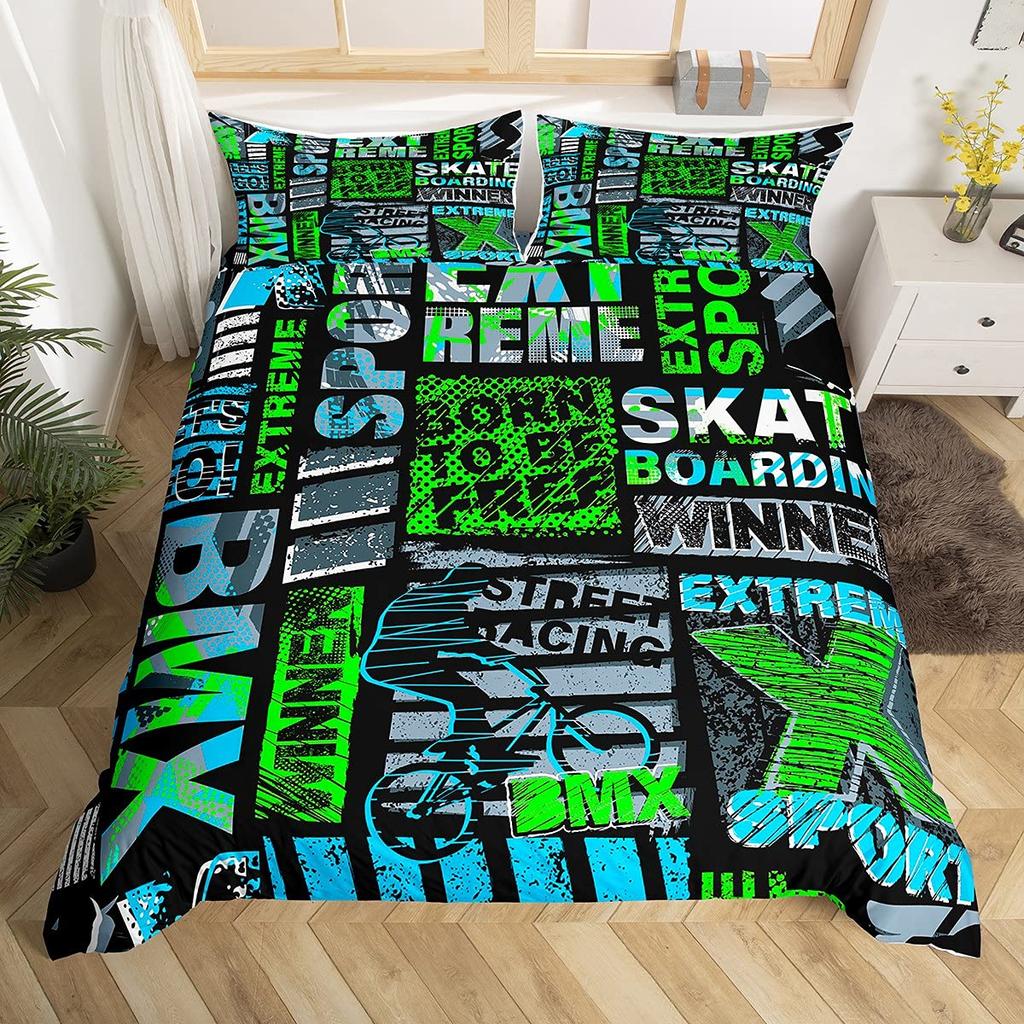 Bicycle Duvet Cover Set Motocross Racer Bedding Set King Size Mountain Bike Comforter Cover Extreme Speed Sports Bedspread Cover