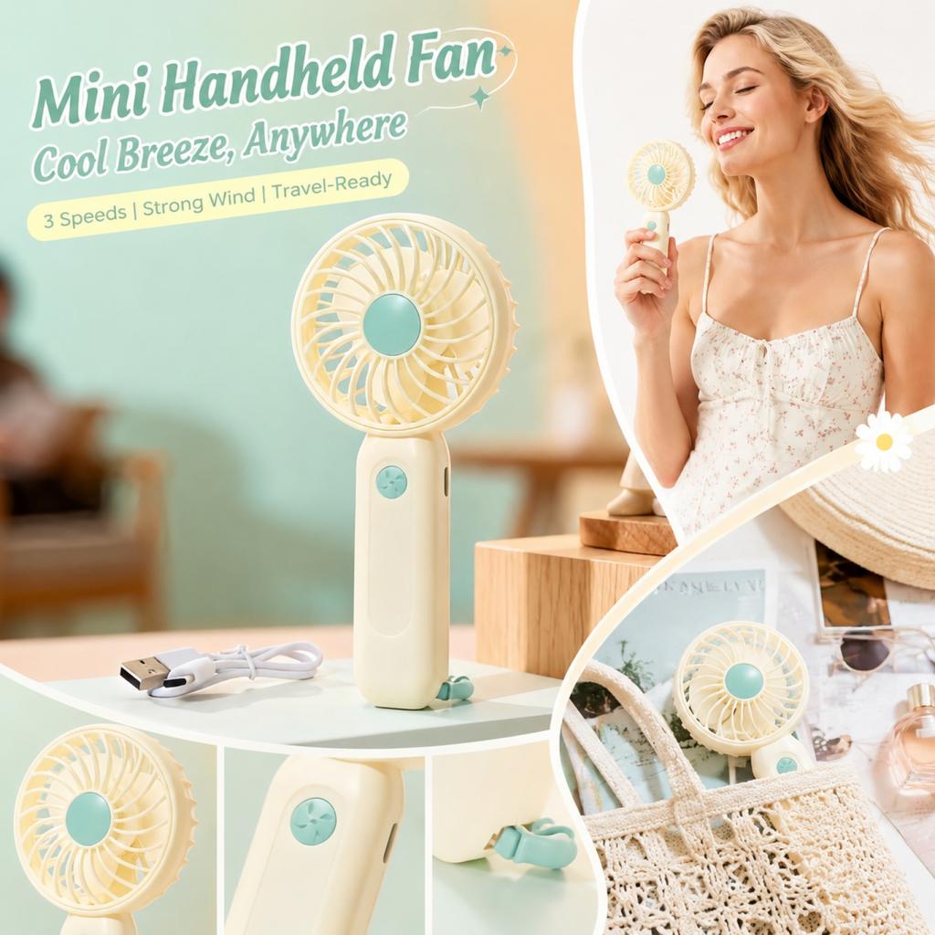 Portable Mini Handheld Fan with Three Speed Settings Adjustable Wind Power Travel Size Compact Design with Carry Loop USB Rechargeable