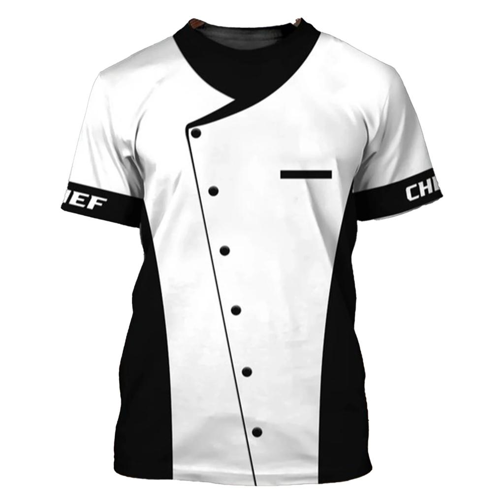 Mens Short Sleeve 3D Print T-shirt Chef Uniform Cook Food Service Tops for Hotel Restaurant Kitchen Canteen Cake Shop Bakery