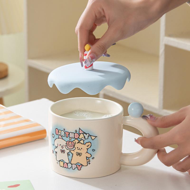 Birthday Ceramic Mug Cute Puppy Coffee Mug with Lid Gift for Girls Souvenir Drinking Cup