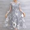 Women's Beautiful Elegant Seven Split Sleeve Round Neck Dress Hollow Midi Waist Large Hem Skirt