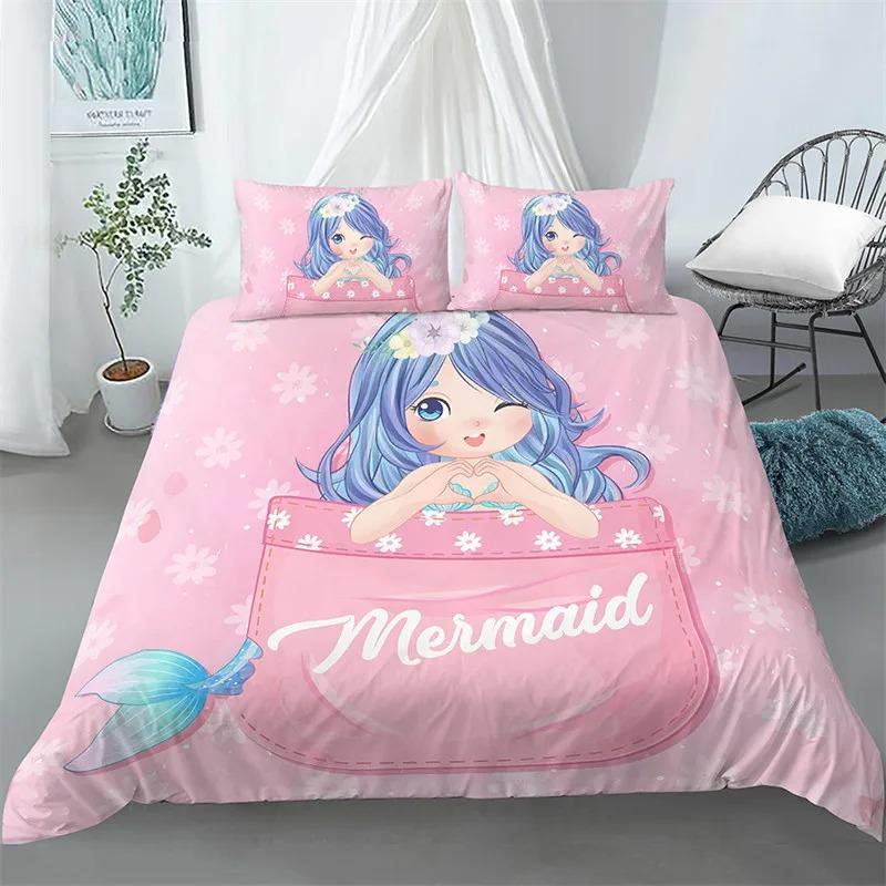 Cute Cartoon Mermaid Duvet Cover Twin Queen Ocean Themed Bedding Set Mermaid Princess Comforter Cover For Kids Girls Room Decor