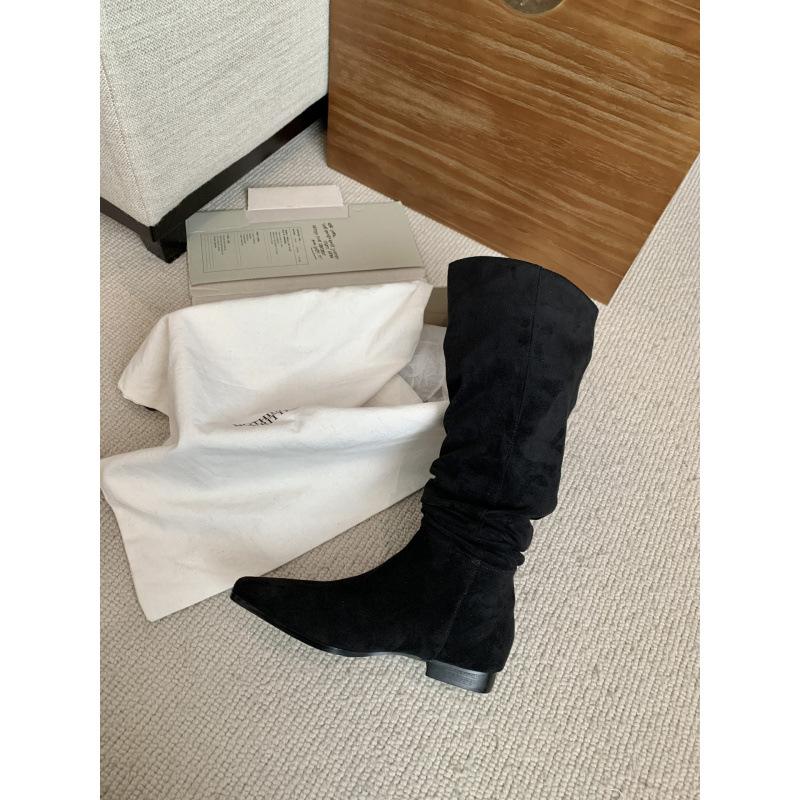 Western Cowboy Boots Women's Coarse Heel Suede Low Heel Skinny Big Tube Around Long Tube But Knee Retro Folded Pile Boots Women