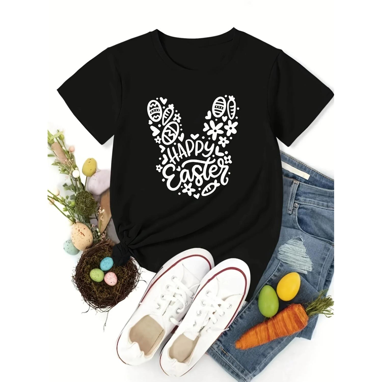 

Easter Rabbit Graphic Short Sleeves Sports Tee, Round Neck Workout Causal T-shirt Top, Women s S чёрный